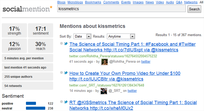 Social Mention arama motorunun ana sayfası.