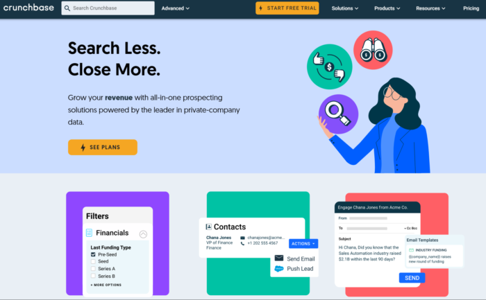 Crunchbase arama motorunun ana sayfası.