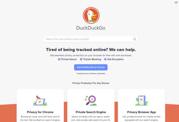 DuckDuckGo arama motorunun ana sayfası.