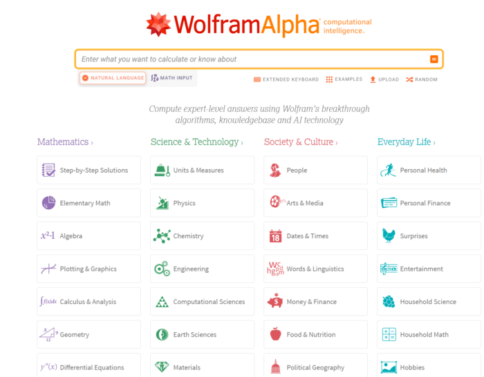 WolframAlpha arama motorunun ana sayfası.