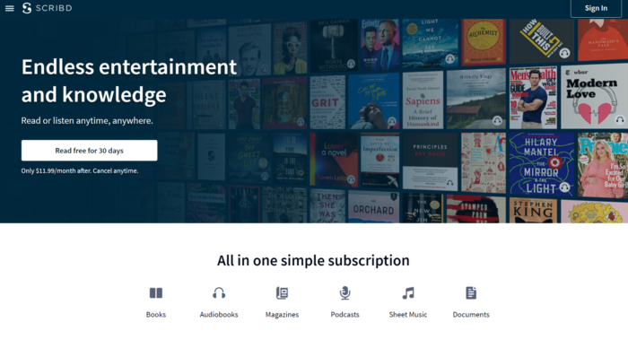 Scribd arama motorunun ana sayfası.