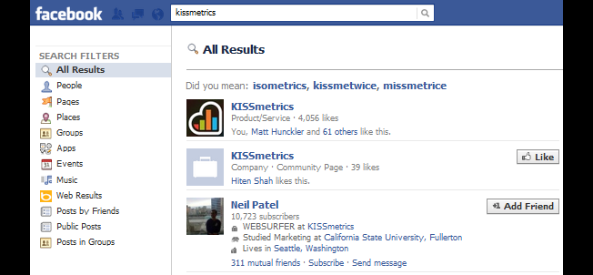 Facebook arama motorunun ana sayfası.