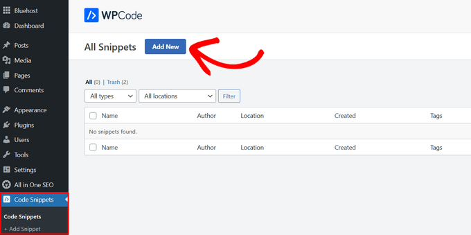 添加新的自定義代碼段 Click 'Add New' in WPCode to create a new custom snippet