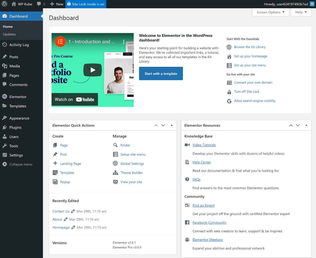 แดชบอร์ด WordPress ที่เว็บไซต์ Elementor Cloud