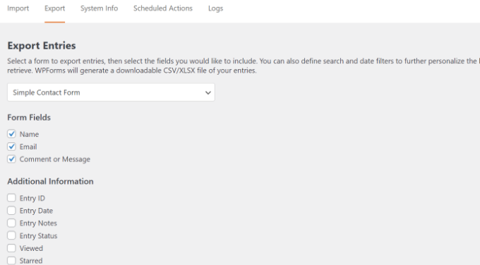 在 WPForms 中选择导出选项 Choose export options in WPForms