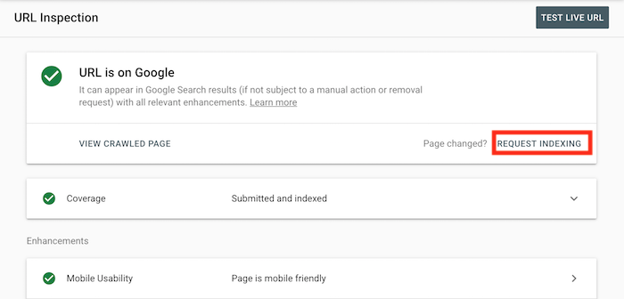 ตัวอย่างการจัดทำดัชนี URL บน Google Search Console