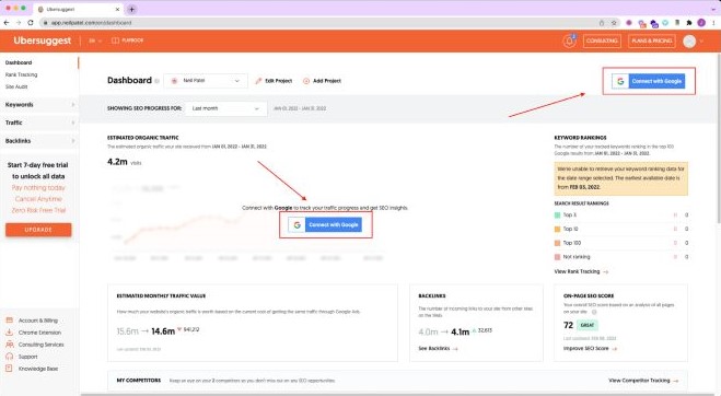 สกรีนช็อตของแพลตฟอร์มการตรวจสอบ Ubersuggest SEO