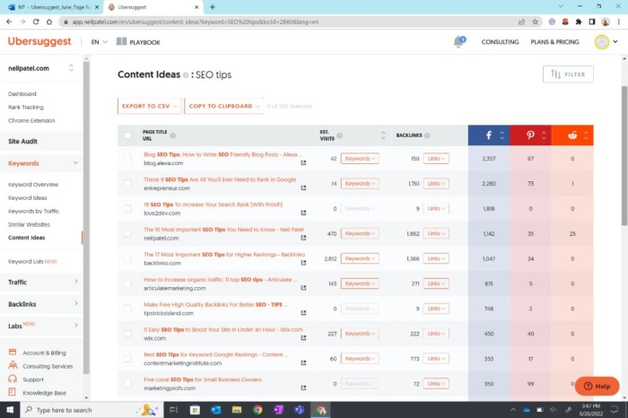 สกรีนช็อตของแพลตฟอร์มการตรวจสอบ Ubersuggest SEO