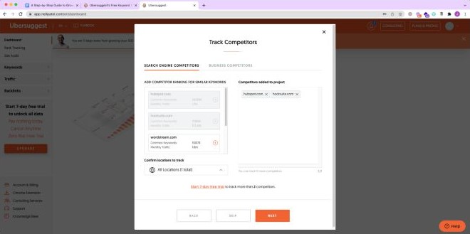 ภาพหน้าจอของแพลตฟอร์มการตรวจสอบ Ubersuggest SEO ที่คุณสามารถติดตามคู่แข่งได้