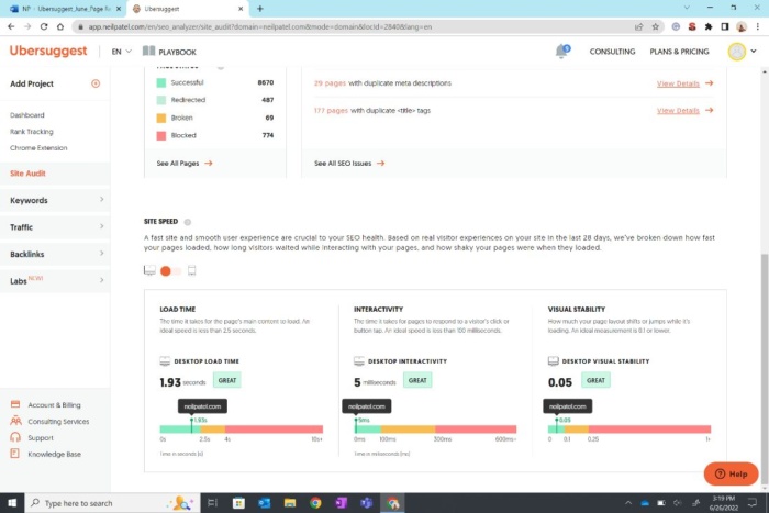 สกรีนช็อตของแพลตฟอร์มการตรวจสอบ Ubersuggest SEO