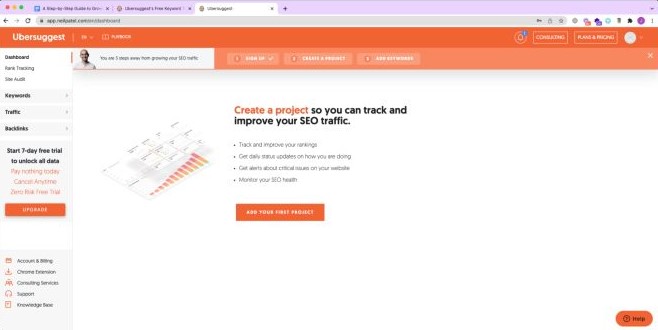 สกรีนช็อตของแพลตฟอร์มการตรวจสอบ Ubersuggest SEO ที่คุณสามารถสร้างโครงการได้