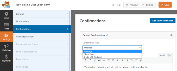 Editați setările de confirmare în WPForms Edit confirmation settings in WPForms
