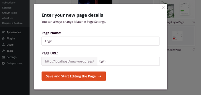 Introduceți un nume de pagină și o adresă URL a paginii Enter a Page Name and Page URL