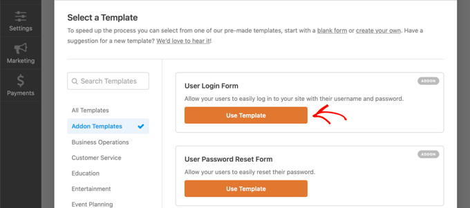 Selectați șablonul de formular de conectare a utilizatorului WPForms Select the WPForms User Login Form Template
