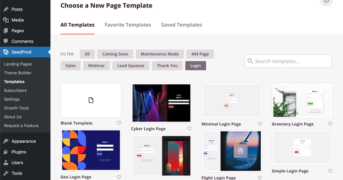 Alegeți un șablon pentru pagina dvs. de conectare SeedProd Choose a Template for Your SeedProd Login Page