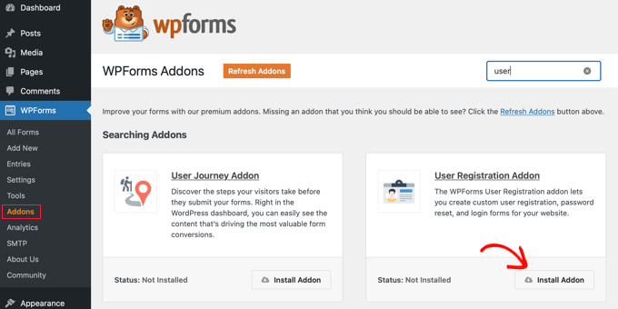 Instalați suplimentul de înregistrare a utilizatorilor WPForms Install WPForms User Registration Addon