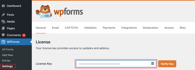 Introduceți cheia de licență WPForms Enter Your WPForms License Key