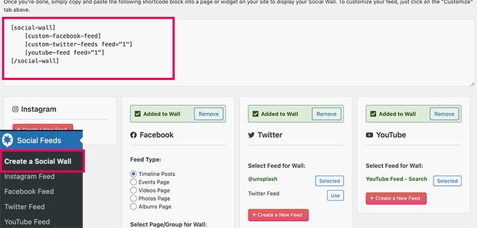 Kopieren Sie den Social-Wall-Shortcode Copy the social wall shortcode