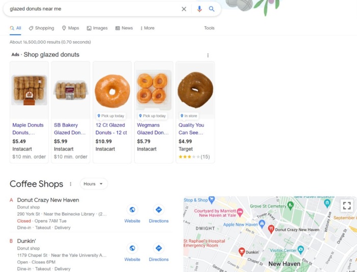 Google-Suchergebnisse für das Stichwort "glasierte Donuts in meiner Nähe".