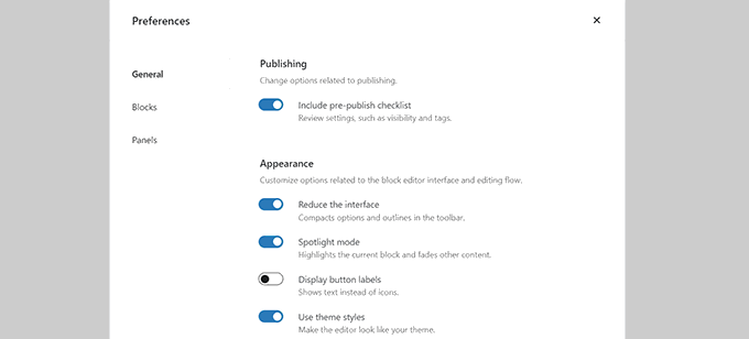 Düzenleyici genel tercihlerini engelle Block editor general preferences