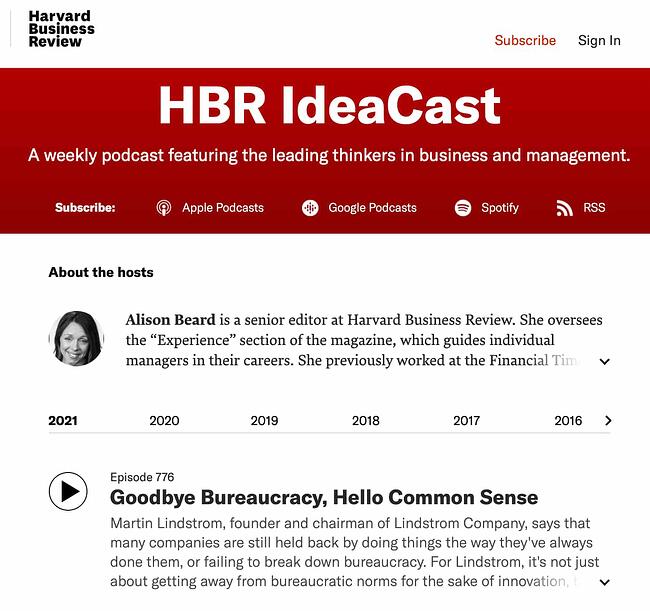 ejemplo de marketing de contenido de podcast de hardvard business review