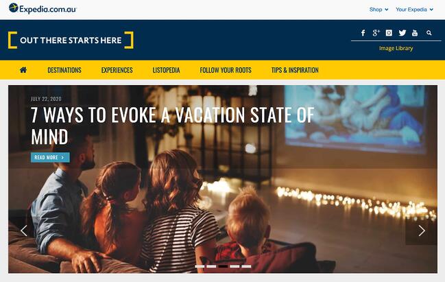 ejemplo de marketing de contenido de la página principal del blog de expedia