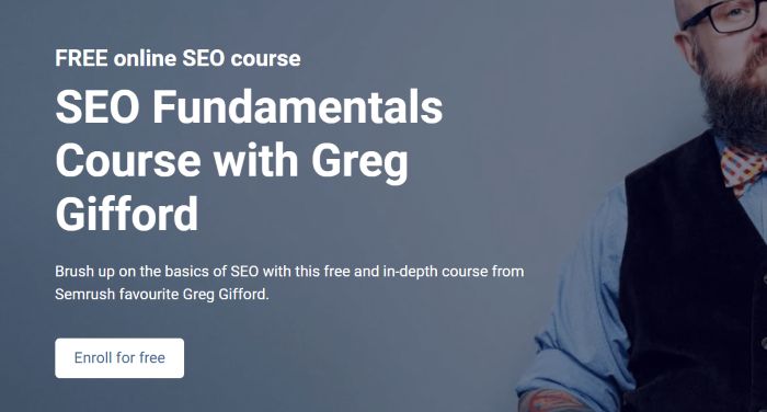 Kursus dasar-dasar SEO Semrush dan Greg Griffords.