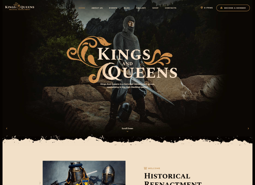 Reis e Rainhas | Tema WordPress de Reconstituição Medieval da Guerra Histórica