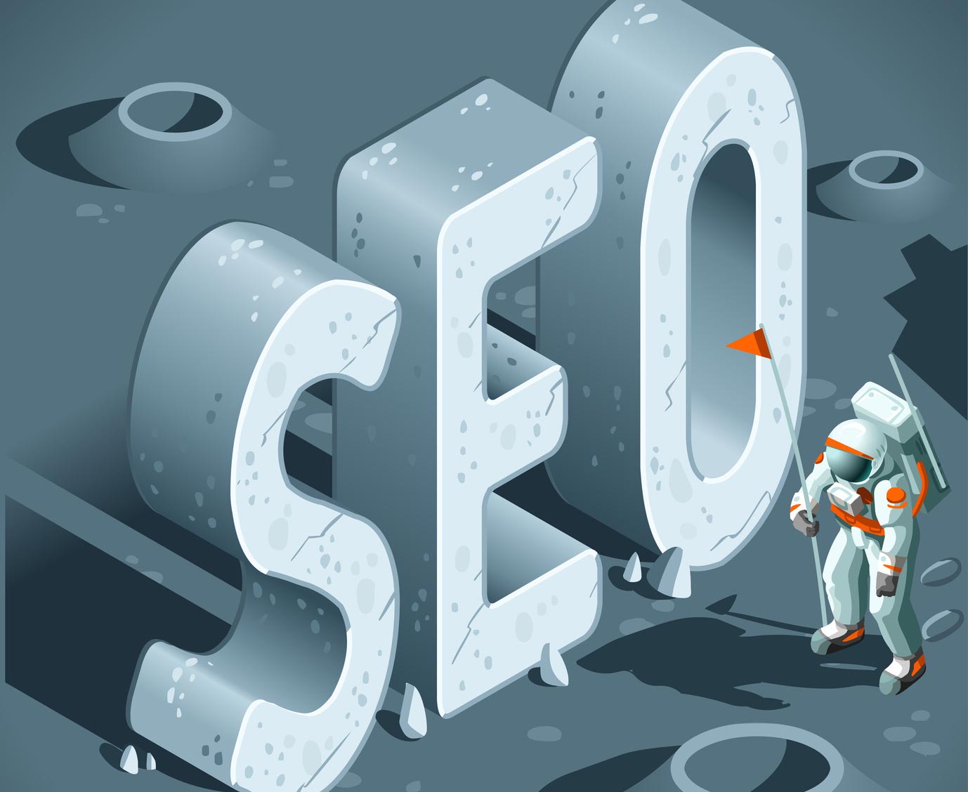 SEO 문자 옆에 우주 비행사를 묘사한 그래픽.