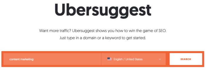Ubersuggest의 키워드 입력 양식입니다.