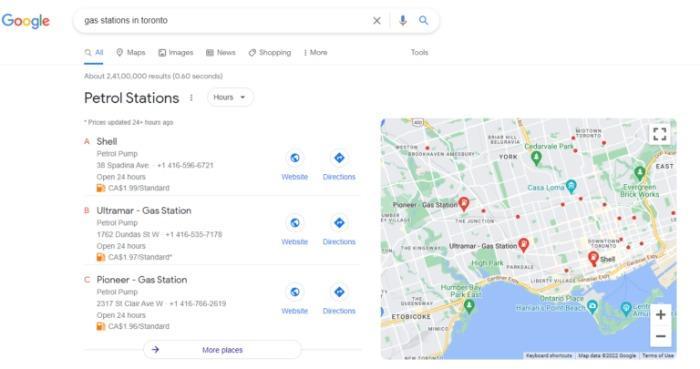토론토의 주유소를 보여주는 Google 리치 스니펫.