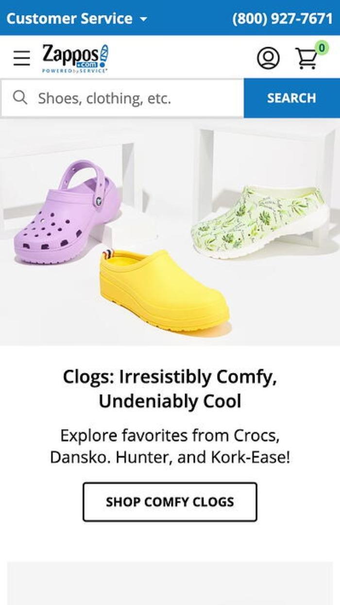 나막신을 보여주는 Zappos 모바일 페이지.