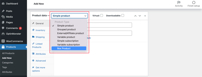 제품 데이터 드롭다운에서 '박스 제품'을 선택합니다. Select 'Box Product' from the Product Data Drop Down