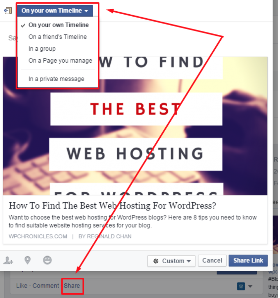 Eine Facebook-Seite, die darauf hinweist, wie man einen Beitrag teilt.