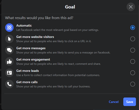 Ein Screenshot, der zeigt, wie Werbeziele auf Facebook festgelegt werden.