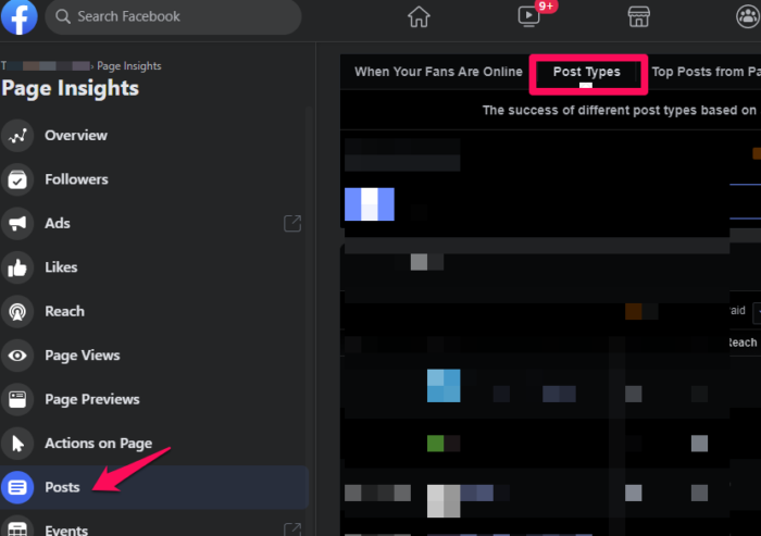 Beitragstypen auf der Registerkarte „Seiten-Insights“ von Facebook.