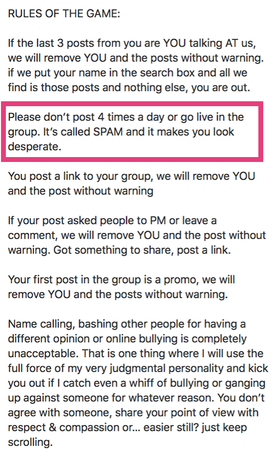 Ein Beispiel für Facebook-Gruppenregeln, darunter eine, die Spam klar definiert.