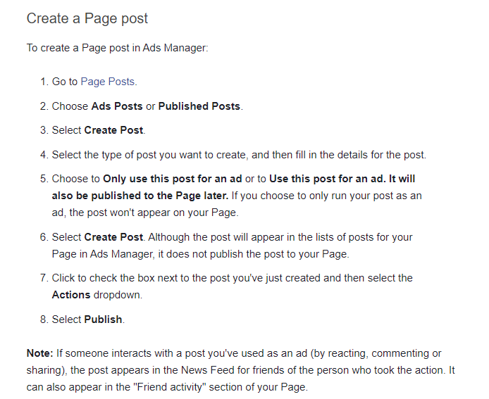Anleitung zum Erstellen eines Seitenbeitrags im Facebook-Werbeanzeigenmanager.