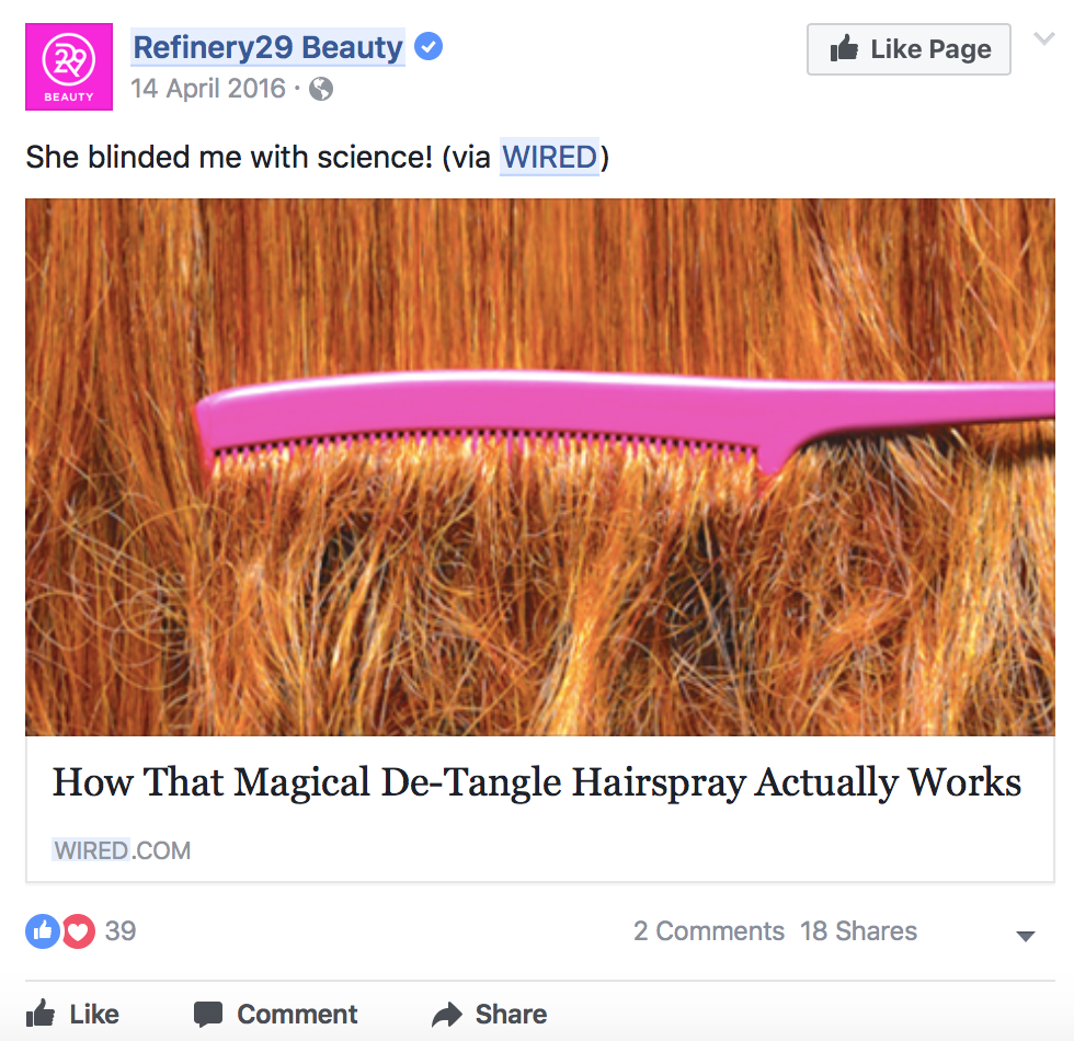 Ein Beispiel für organische Facebook-Cross-Promotion zwischen Wired und Refinery29.