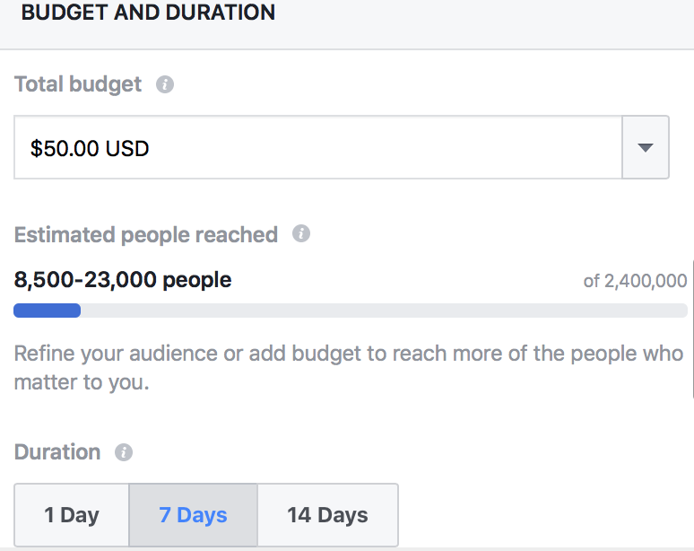 Facebook-Funktion zur Auswahl des Werbebudgets und der Dauer für eine Kampagne.