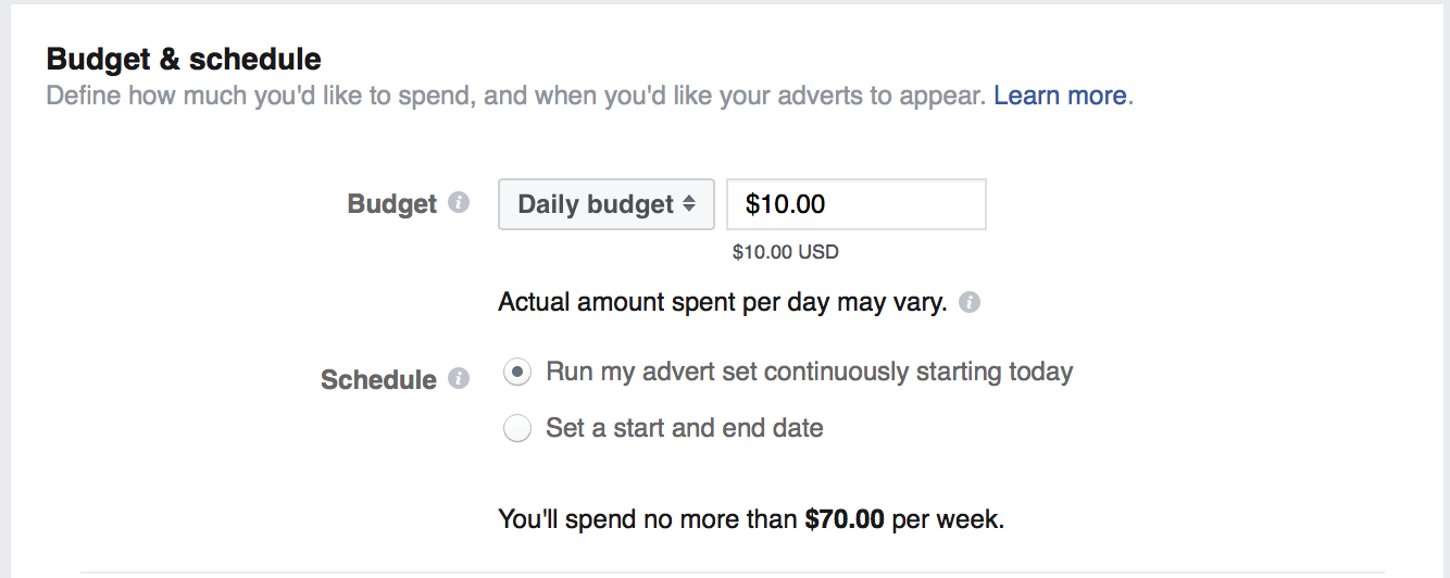 Ein Screenshot, der Anzeigenstandort und -budget festlegt.
