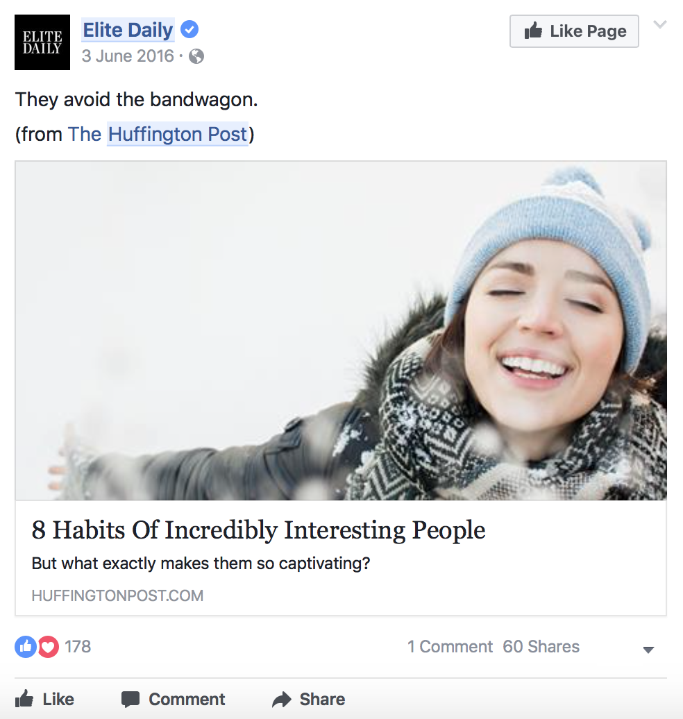 Ein Blogbeitrag der Huffington Post, der auf der Facebook-Seite von Elite Daily geteilt wurde.