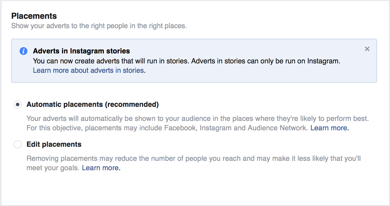 Ein Screenshot, der die Anzeigenposition auf Facebook festlegt.