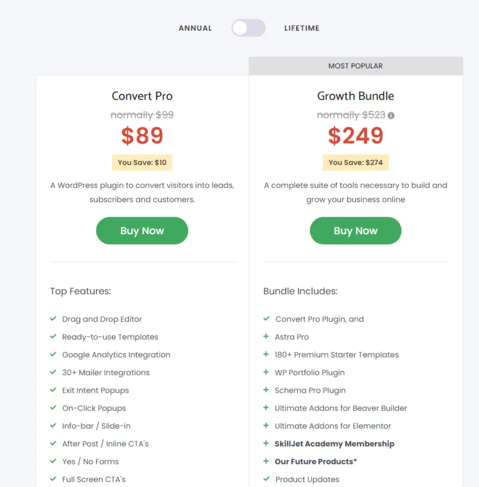 9 cele mai bune alternative OptinMonster (comparație de prețuri din septembrie 2022) 4 ConvertPro Pricing Plans