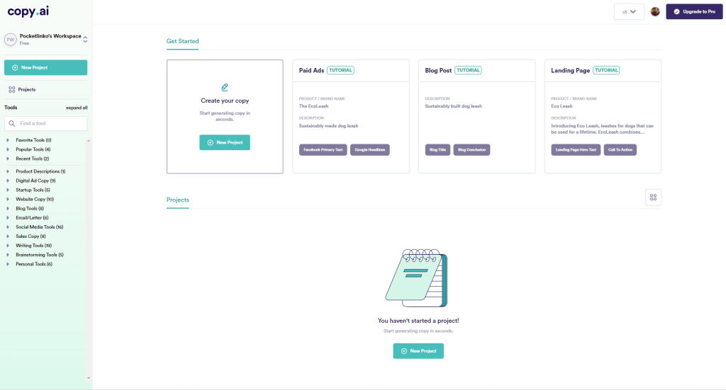 Copy.ai 무료 평가판(2022) 7일 액세스 + (신용카드 필요 없음) 5 copy.ai dashboard new