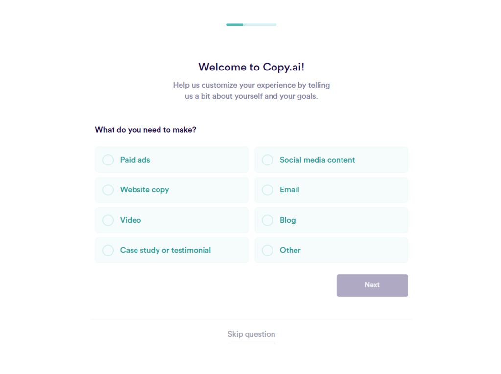 Copy.ai 무료 평가판(2022) 7일 액세스 + (신용카드 필요 없음) 4 copy.ai on-boarding