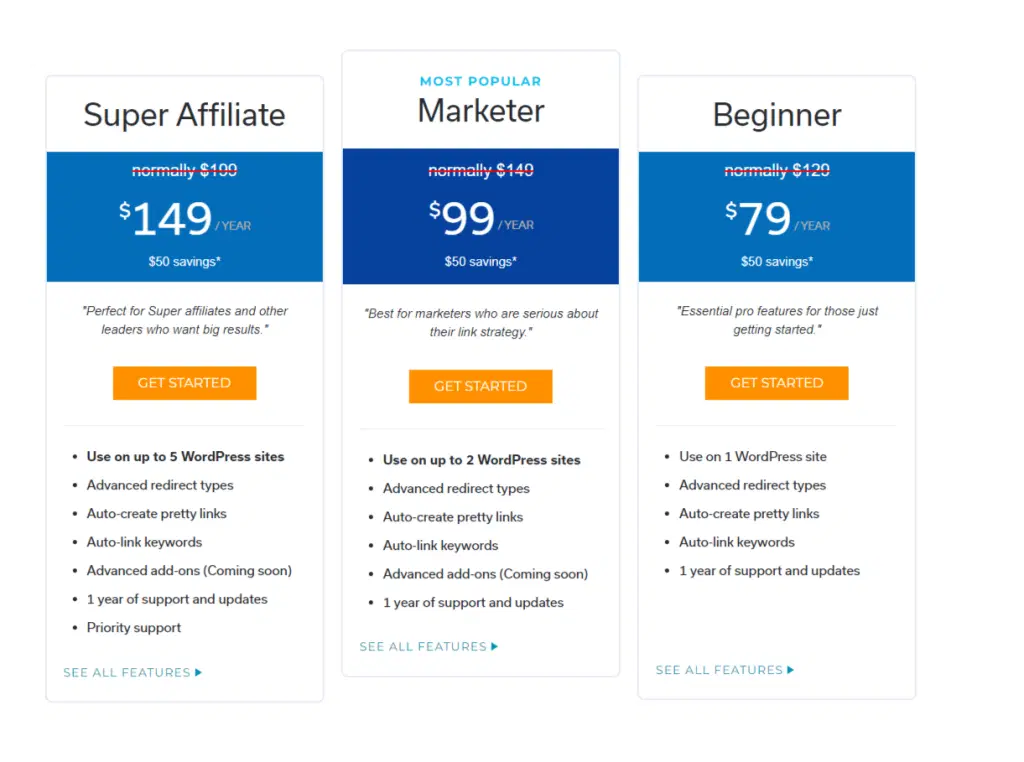 새로운! 2022년을 위한 10가지 최고의 Amazon 제휴 WordPress 플러그인 3 PrettyLinks Pro Pricing