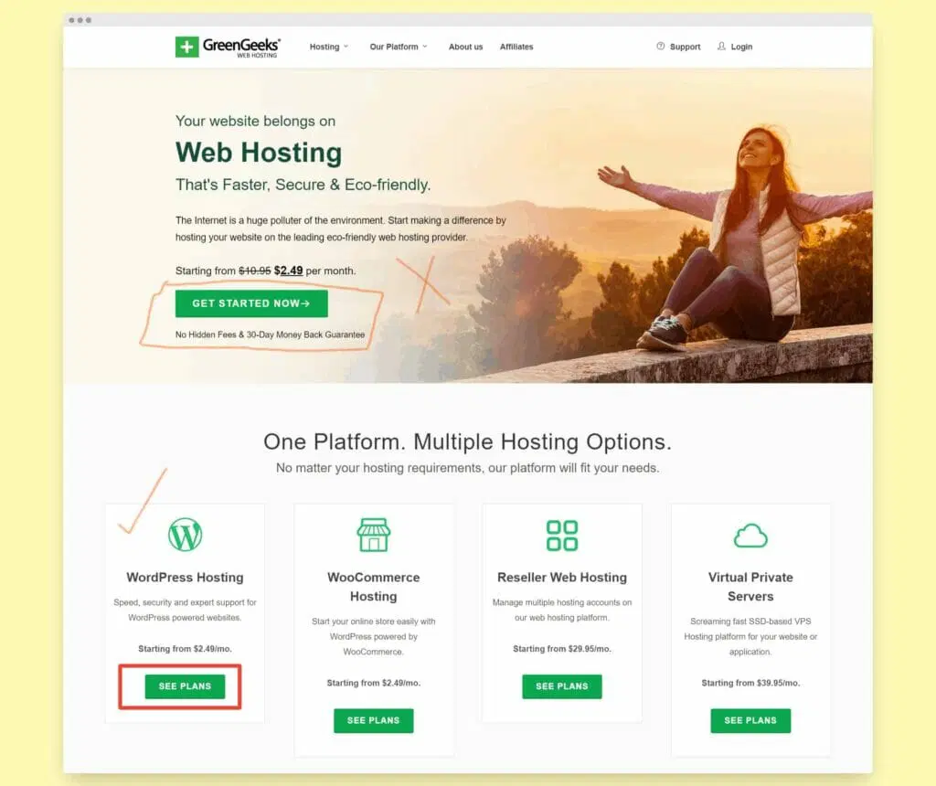 Как начать блог WordPress на GreenGeeks в 2022 году: пошаговое руководство 6 Greengeeks landing page