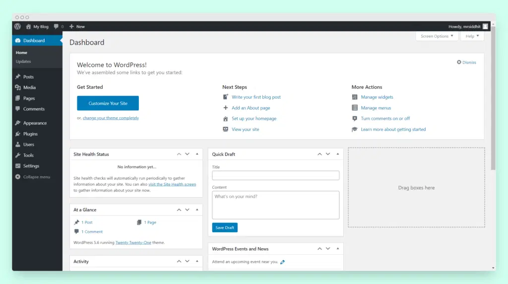 Как начать блог WordPress на GreenGeeks в 2022 году: пошаговое руководство 24 Wordpress dashboard