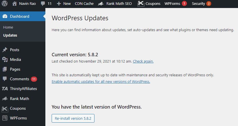 aggiornamenti wordpress